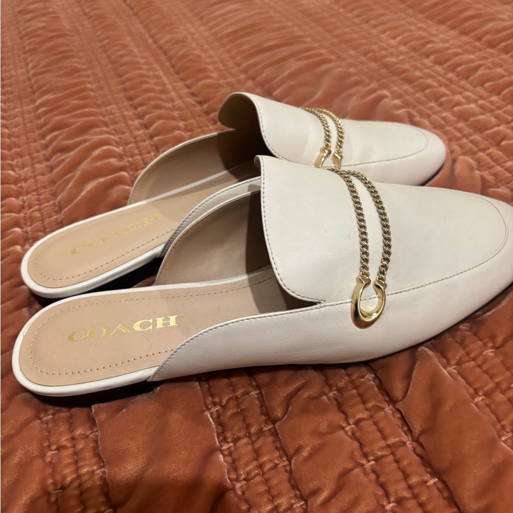 Coach Cream Leather Slip-On Mule with Gold Chain Trim